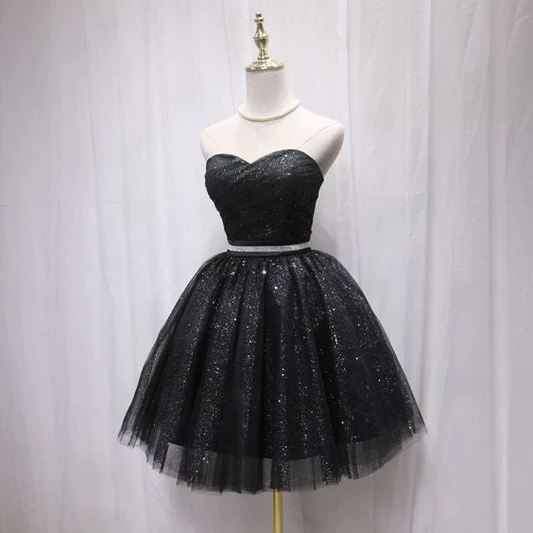 Sexy Black Short Homecoming Dress Strapless Lace up Back Shining Sequi gh851