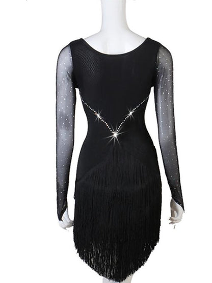 Latin Dance Dress Tassel Pure Color Crystals/Rhinestones Women's Performance Party Long Sleeve Mesh Spandex