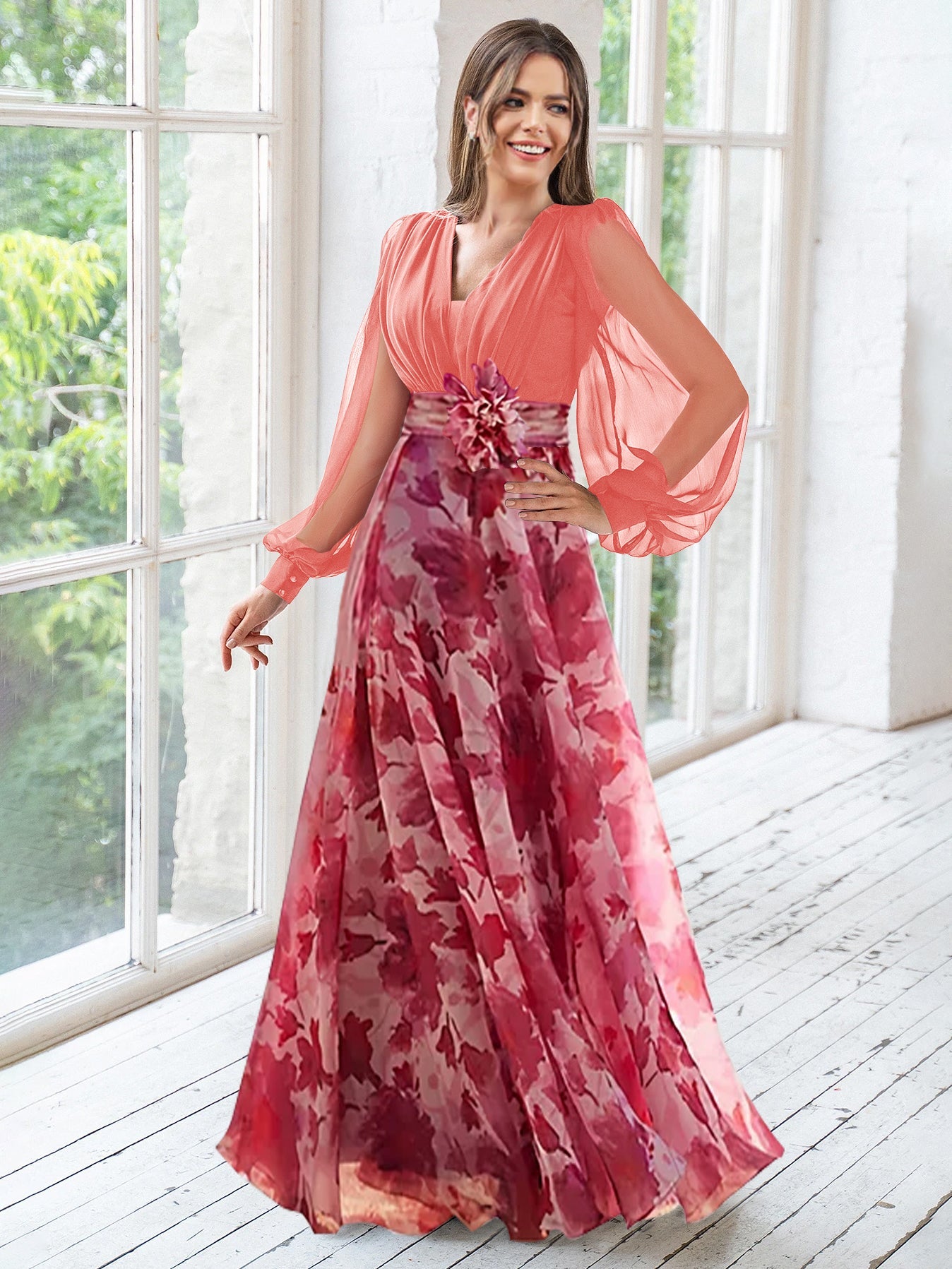 A Line/Princess V-Neck Long Sleeves Floor Length Floral Plus Size Mother of the Bride Dresses With Flower