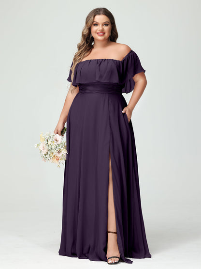 A-Line/Princess Off-the-Shoulder Short Sleeves Chiffon Plus Size Bridesmaid Dresses with Pockets & Split Side