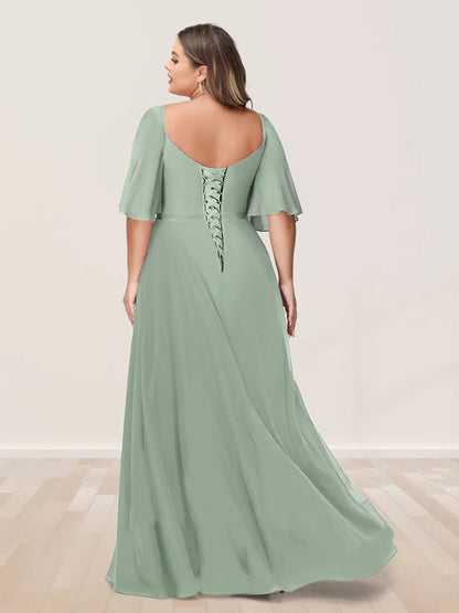 A-Line/Princess V-Neck Half Sleeves Plus Size Bridesmaid Dresses with Split Side