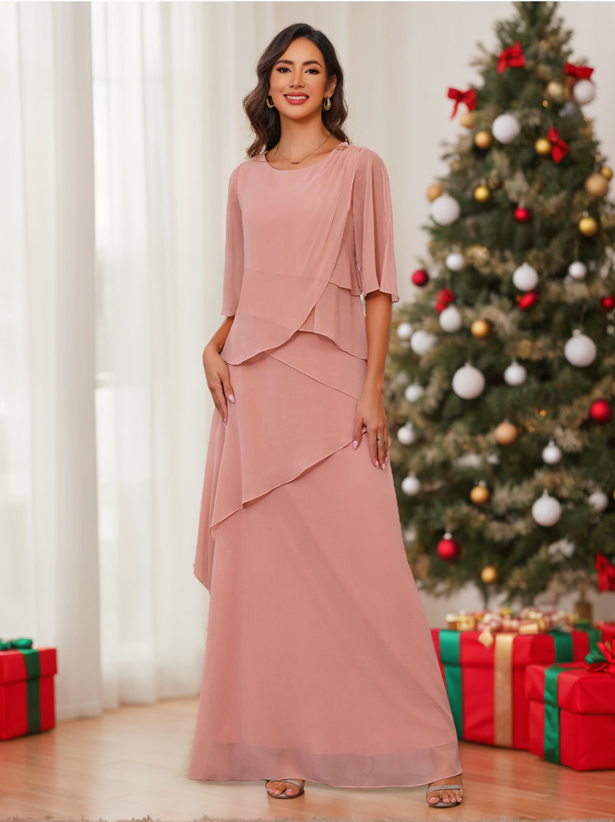 A-Line/Princess Scoop Neck Half Sleeves Floor-Length Mother of the Bride Dresses with Ruffles