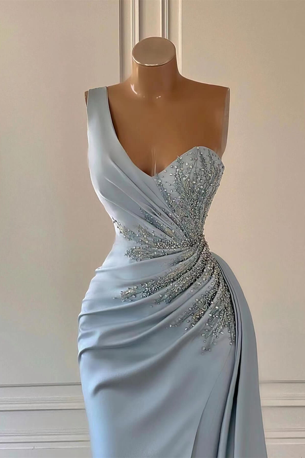 Sky Blue One-Shoulder Luxury Prom Dress Mermaid Split With Ruffles ED0096