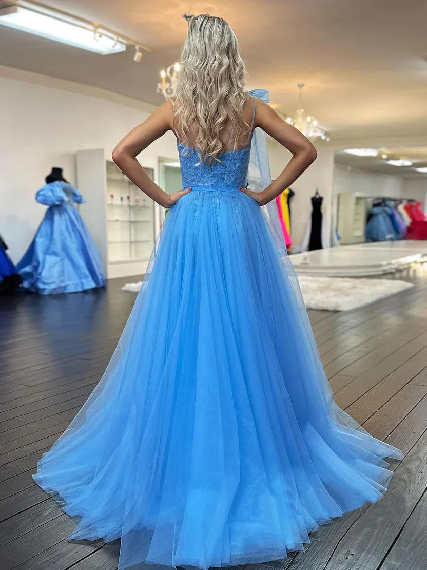 Ximena | Cute A Line One Shoulder Blue Tulle Prom Dress with Appliques