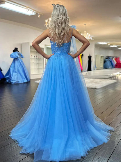 Ximena | Cute A Line One Shoulder Blue Tulle Prom Dress with Appliques