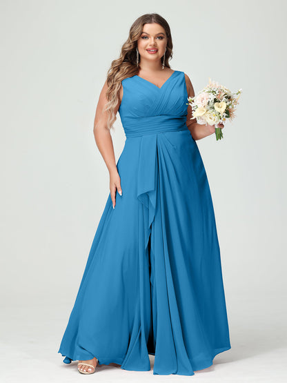 A-Line/Princess V-Neck Sleeveless Chiffon Ruffles Plus Size Bridesmaid Dresses with Pockets & Ruffles