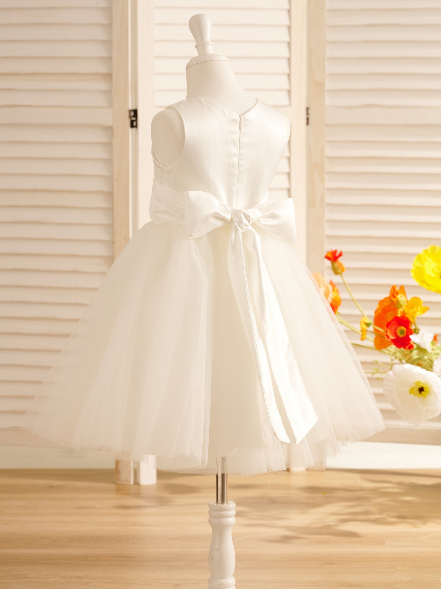 A-Line Satin Tulle Knee-length Flower Girl Dress