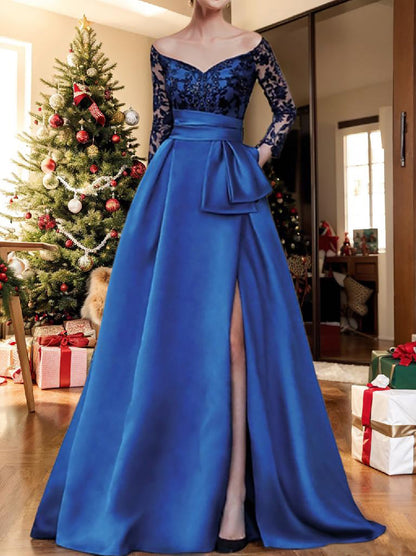 A-Line/Princess V-Neck Long Sleeves Floor-Length Evening Dresses with Slit