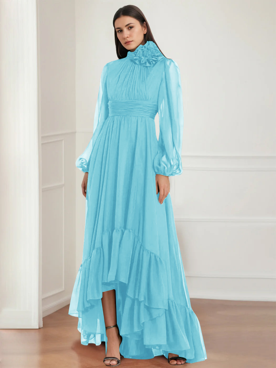 A-Line/Princess Jewel Neck Long Sleeves Asymmetrical Mother of the Bride Dresses with Flower & Ruffles