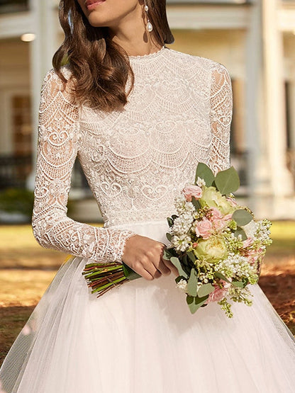 Ball Gown Lace Satin Tulle Scoop Long Sleeve Ankle Length Appliques Solid Color Wedding Dress