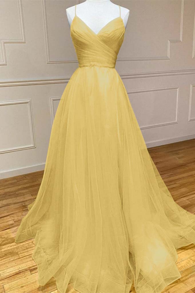 Yellow Spaghetti-Straps Prom Dress String Back PD0377