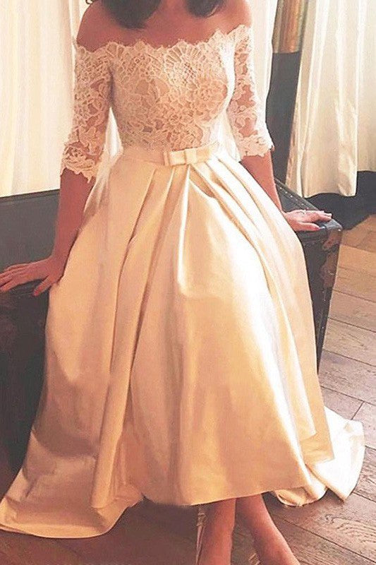 1/2 Sleeves Lace A Line Asymmetrical Sweep Train Satin Off the Shoulder Wedding Dresses