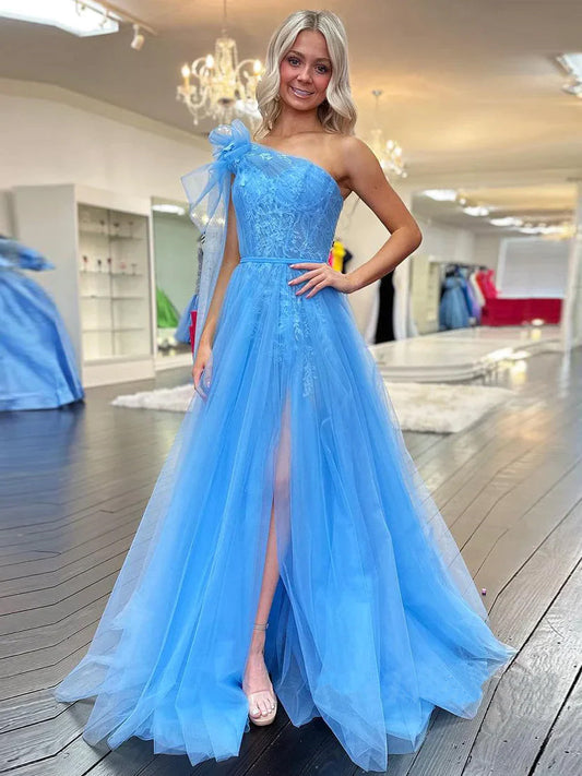 Ximena | Cute A Line One Shoulder Blue Tulle Prom Dress with Appliques