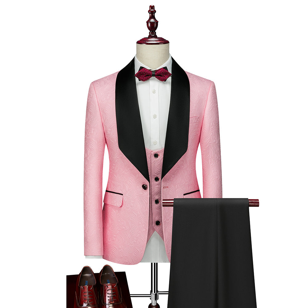 Champagne Pink Red White Black Men's Tailored Fit Single Breasted One-button 3 Pieces Patterned Wedding Suits