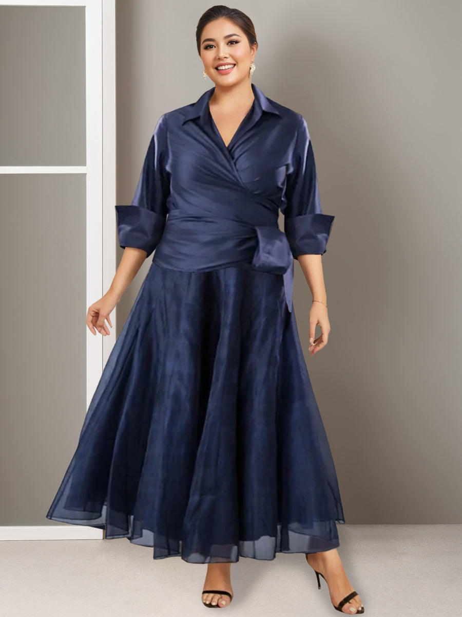 A-Line/Princess V-Neck Half Sleeves Ankle Length Plus Size Ruched Mother of the Bride Dresses