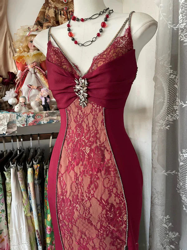 Red retro sexy mermaid spaghetti straps exquisite lace long prom dress evening dress party dress gh3177