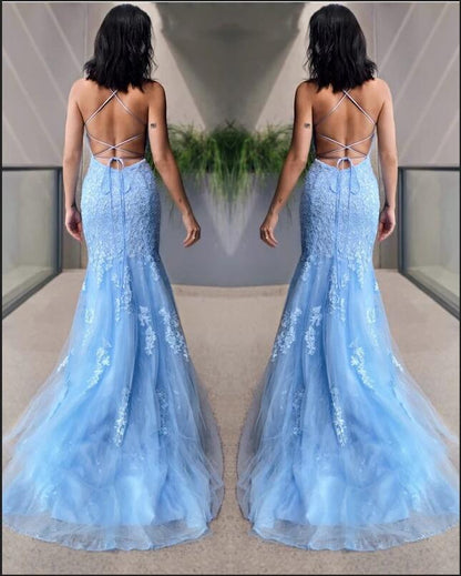 Sky Blue Halter Mermaid Prom Dress PD0198