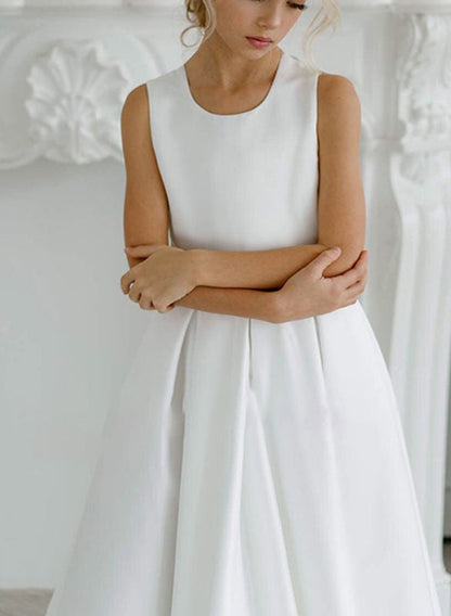 A-Line/Princess Satin Flower Girl Dresses with Applique & Bowknot