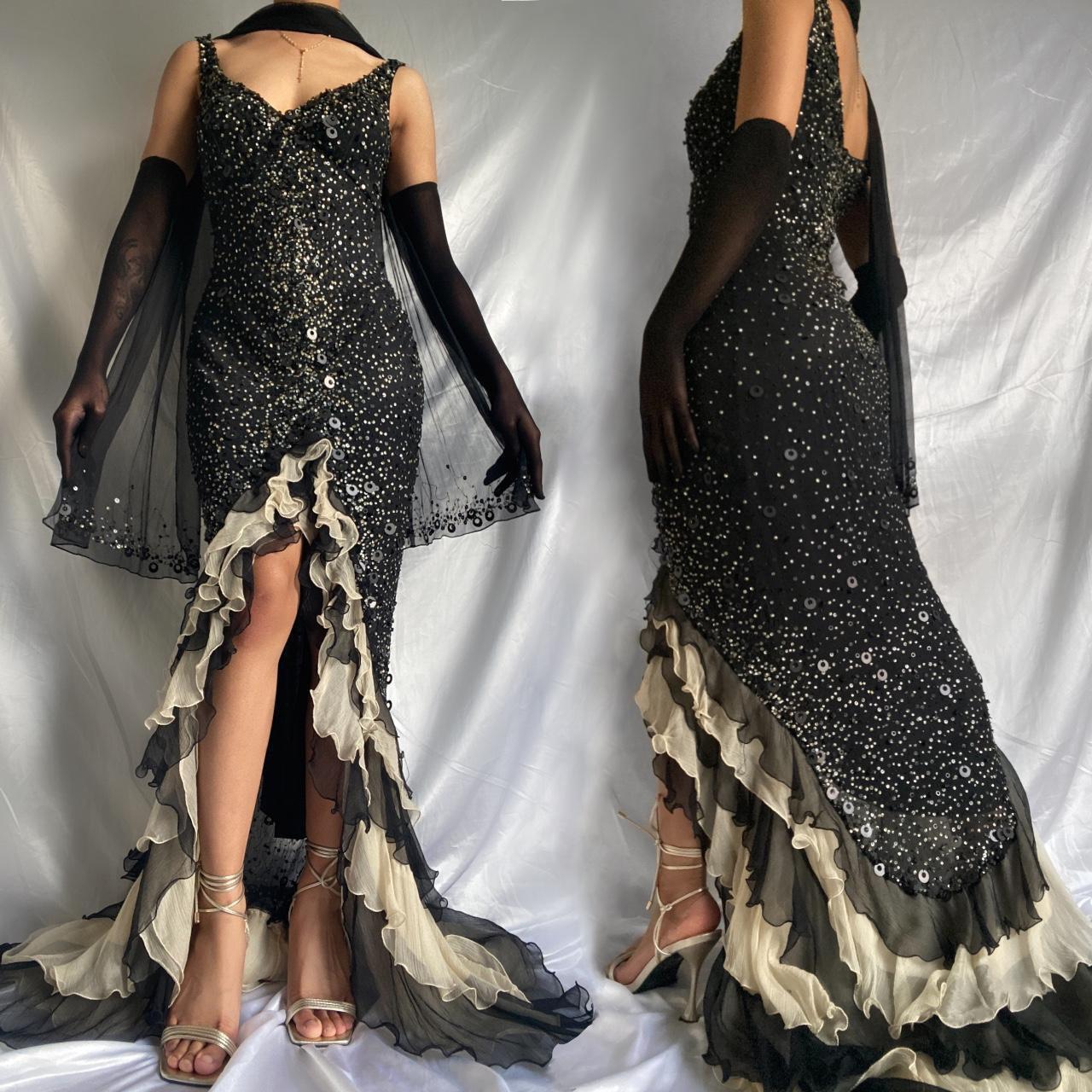 Black shiny elegant ruffle tulle long sequined ball gown prom dress evening gown gh3141