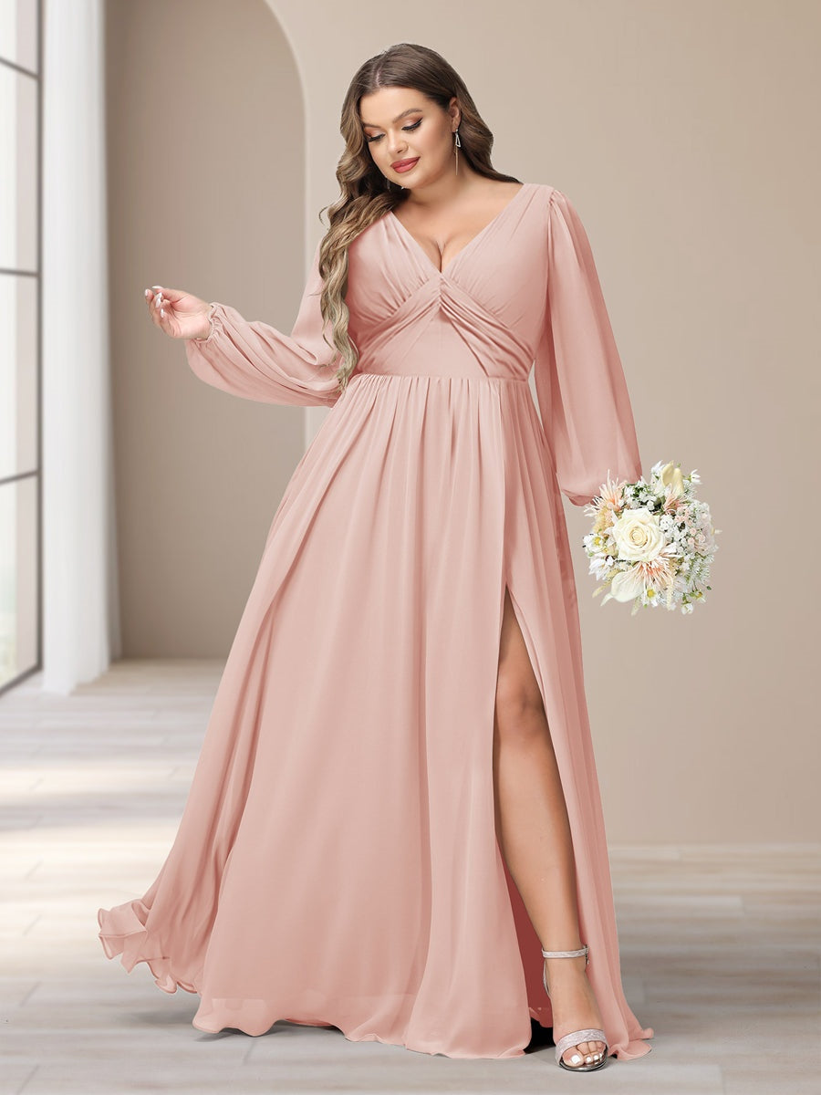 A-Line/Princess V-Neck Long Sleeves Chiffon Long Plus Size Bridesmaid Dresses With Split Side