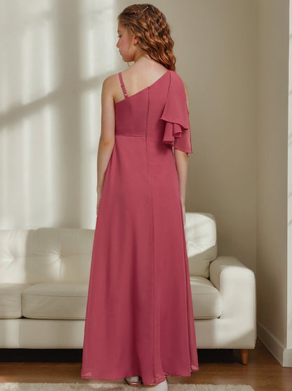 A-line/Princess One Shoulder Floor-Length Junior Bridesmaid Dress with Ruffles