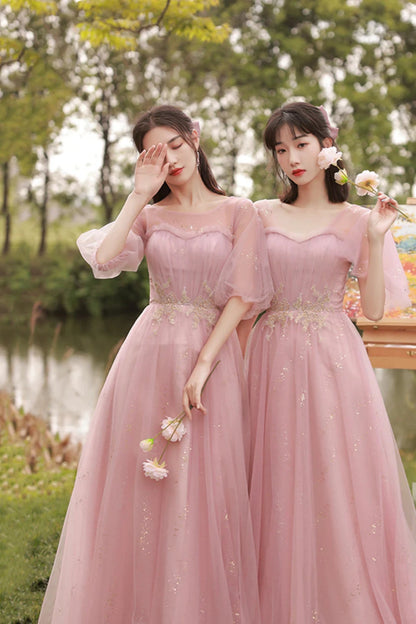 Pink Tulle Long A-Line Ball Gown Evening Gown Bridesmaid Dresses 8869