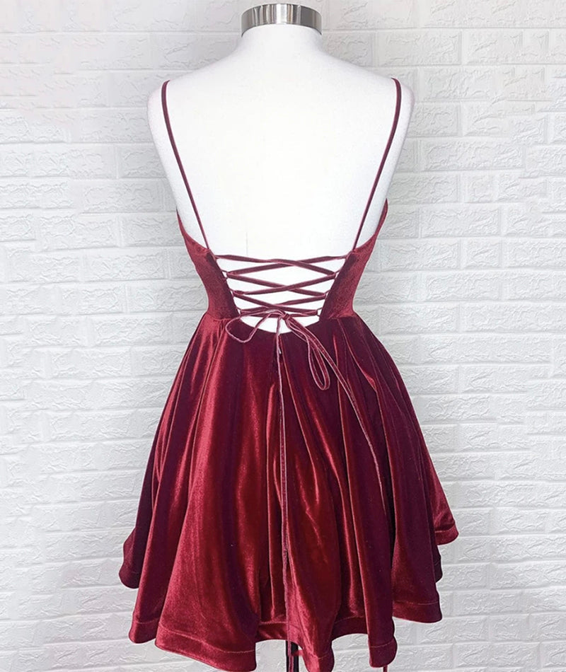 Burgundy velvet short prom dress party dress  8388