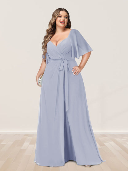 A-Line/Princess V-Neck Half Sleeves Plus Size Bridesmaid Dresses with Split Side