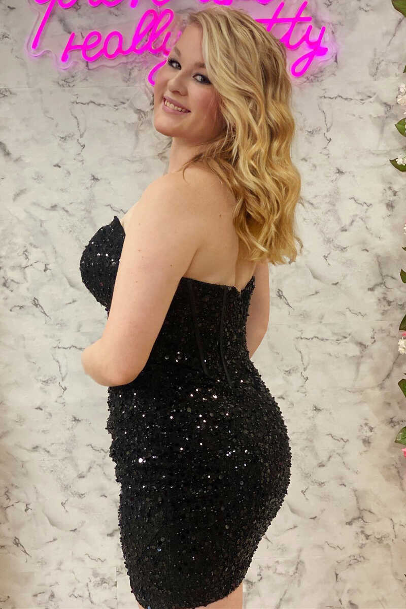 Black Sequin Strapless Tight Mini Homecoming Gown gh1321