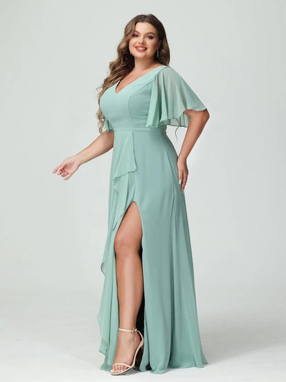 A-Line/Princess V-Neck Half Sleeves Chiffon Plus Size Bridesmaid Dresses with Split Side & Ruffles