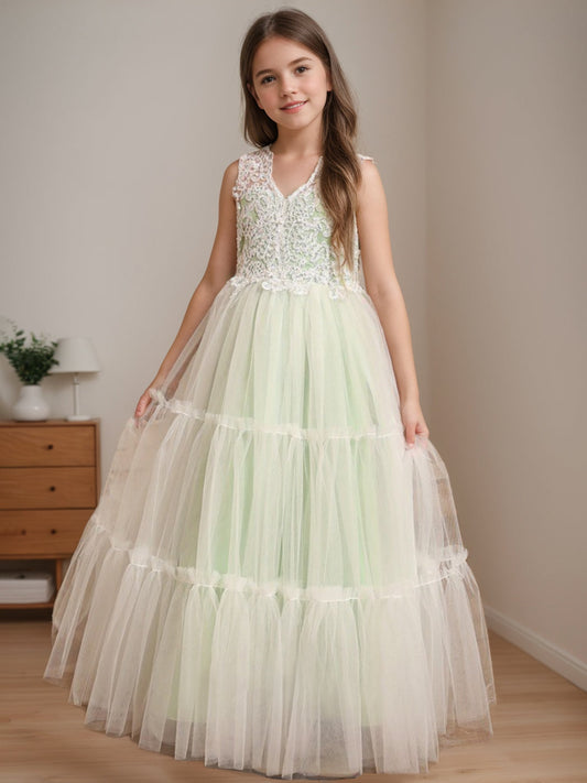 Ball-Gown V-Neck Sleeveless Floor-Length Flower Girl Dress With Lace