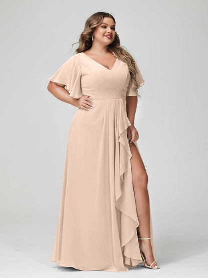 A-Line/Princess V-Neck Half Sleeves Chiffon Plus Size Bridesmaid Dresses with Split Side & Ruffles