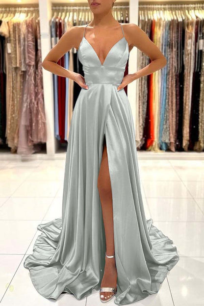 Light Blue Prom Dress Spaghetti Strap With Split ED0603