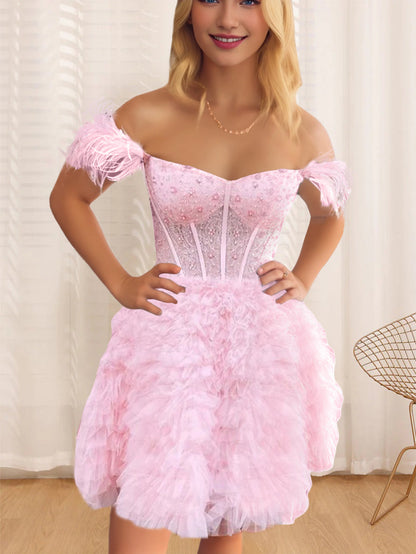 A-Line/Princess Semi-Sweetheart Sleeveless Short/Mini Party Dance Cocktail Homecoming Dress With Ruffles & Feathers