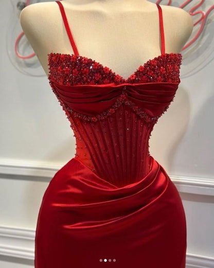 Exquisite Red Spaghetti Strap Patchwork Split Beaded Prom Dress LY0033