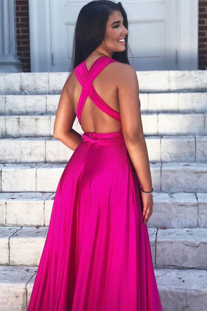 Fuchsia V Neck Sleeveless A-Line Prom Dress With Split PD0709