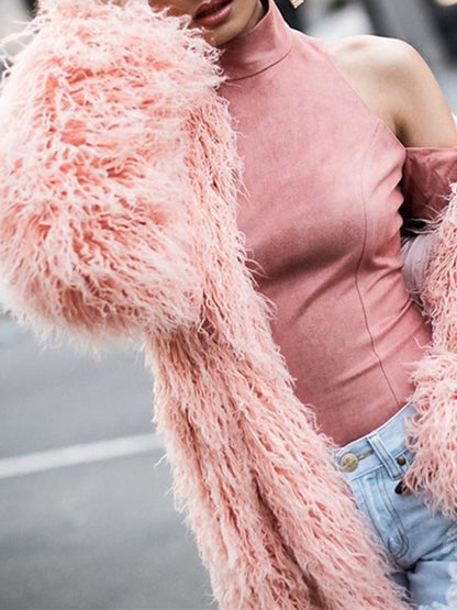 Women's Pink Elegant Long Sleeve Faux Fur Warm Wedding Daily Wrap