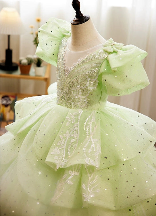 Ball Gown Puffy Short Sleeves Floor Length Girl Party Dress with Crystal Appliques