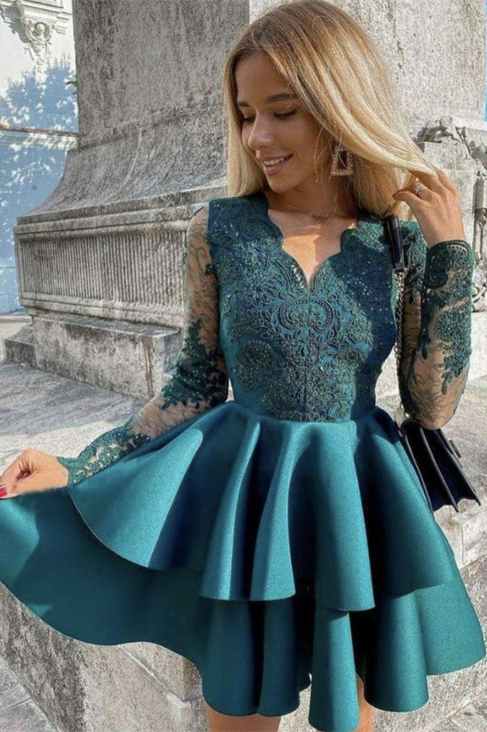 Long Sleeves Short Prom Dress With Appliques PD0390