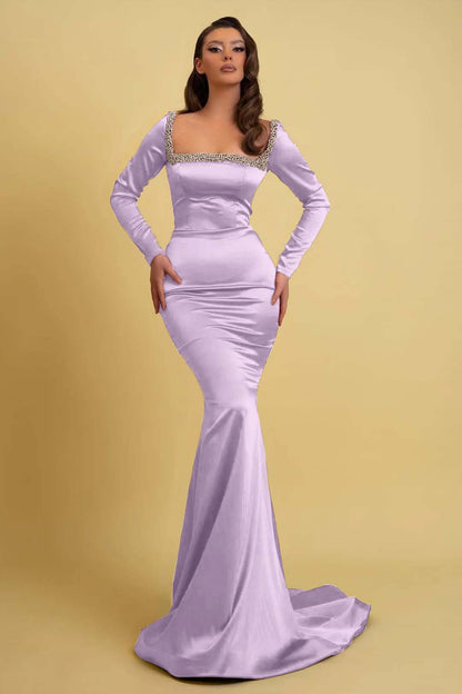 Prom Dress Charmeuse Burgundy Long Sleeves Mermaid With Beadings YL0263