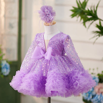 Lilac Sequin Ruffled Long Sleeves Bowknot Knee-length Baby Girl Dress