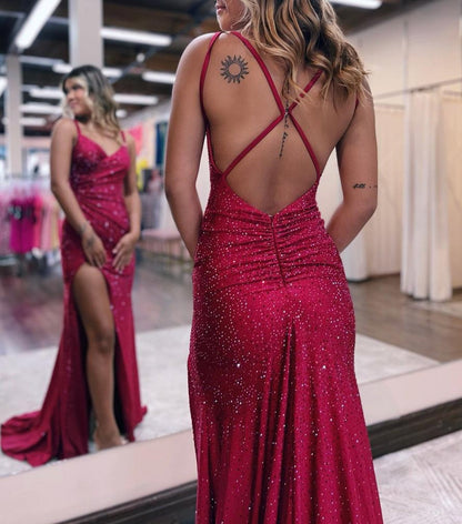 Kaylani |Mermaid V Neck Glitter Jersey Long Prom Dress with Slit