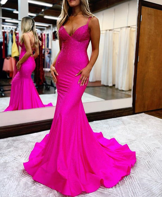 Lilly |Sparkly Mermaid V Neck Beaded Satin Long Prom Dress