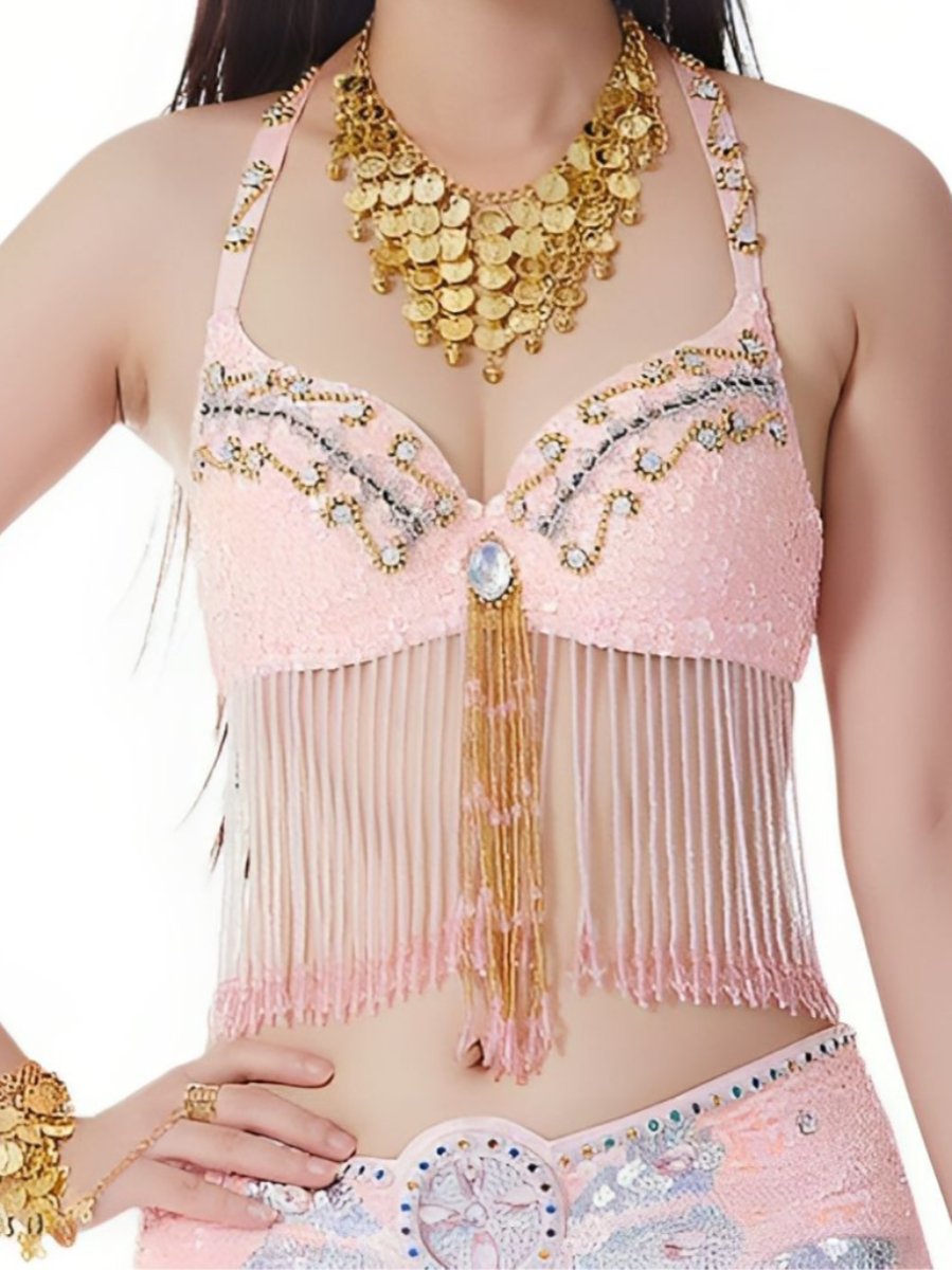 Sexy Belly Dancewear Halter Sequins Tassel Sleeveless Bra with Rhinestone & Beading