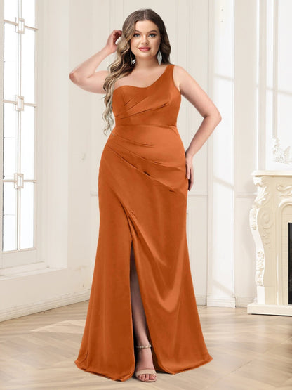 Trumpet/Mermaid One-Shoulder Floor-Length Plus Size Ruched Bridesmaid Dresses