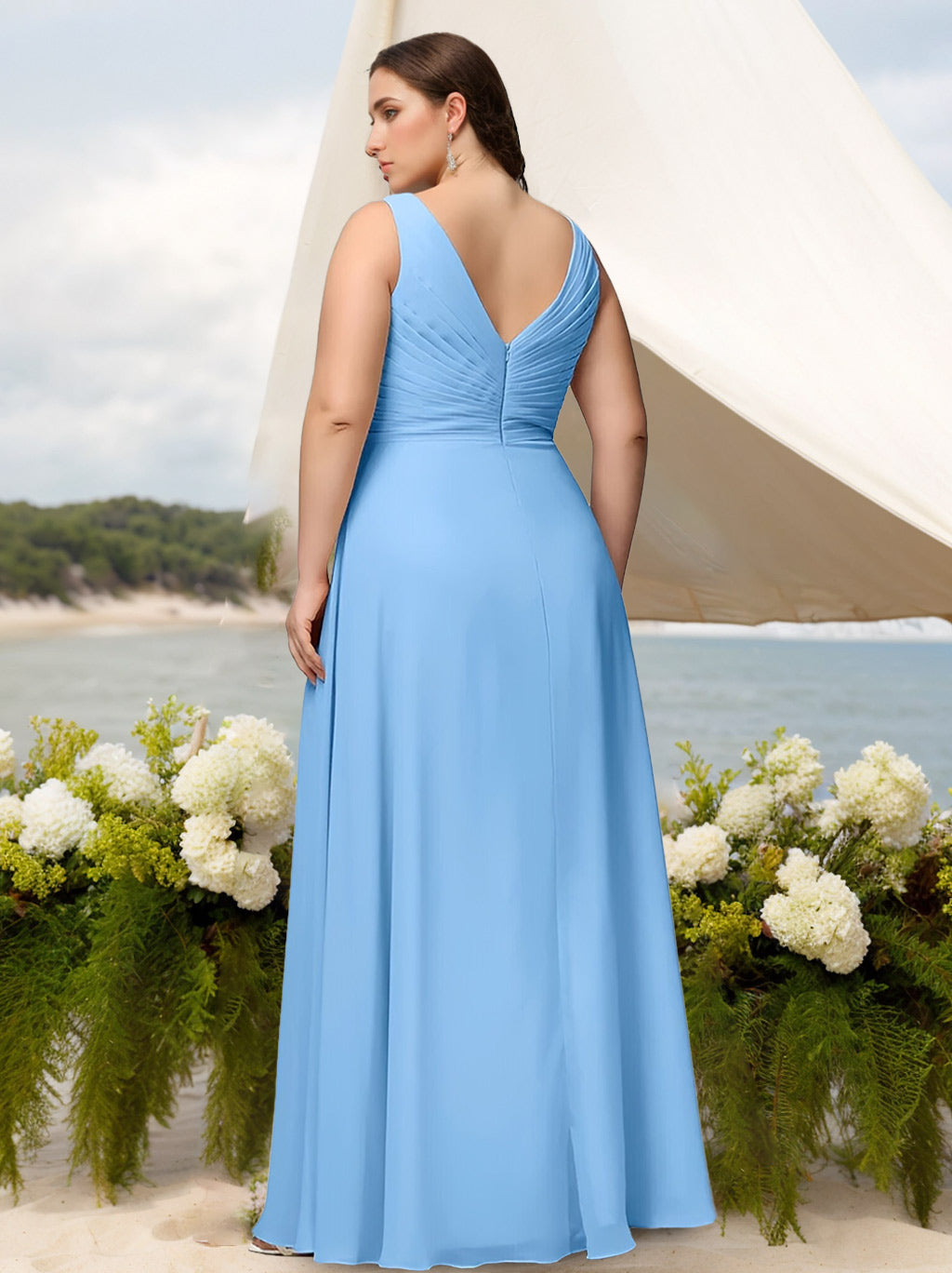 A Line/Princess Deep V-Neck Sleeveless Floor-Length Chiffon Plus Size Bridesmaid Dresses with Ruffles