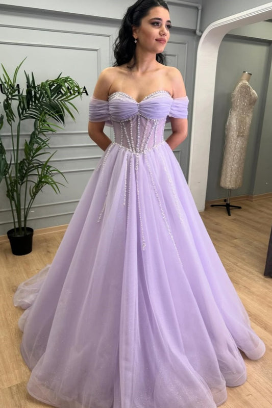 Light Purple Sweetheart Off-The-Shoulder Mesh Prom Dress ZT0333