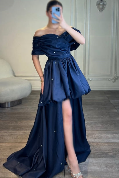 Dark Navy Hi-Lo Off-The-Shoulder Beaded Prom Dress ZT0593