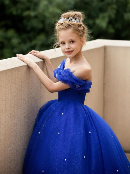 A-Line/Princess Off-the-shoulder Short Sleeves Floor Length Flower Girl Dresses with Pearls