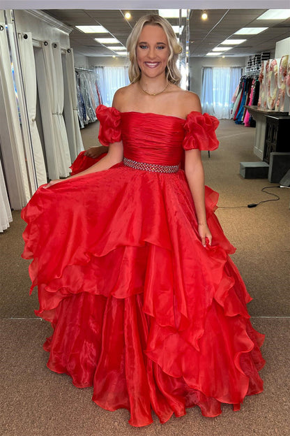 Giovanna | Red Off-the-Shoulder Layers Beaded Tulle Long Prom Dress